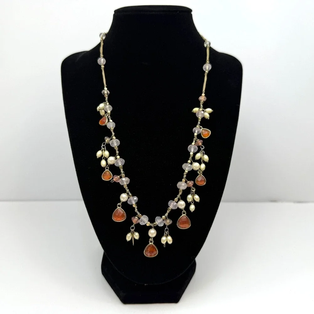 VTG Monet Faux Pearls Acrylic Beaded Necklace Dangle Gold Tone Accents Jewelry